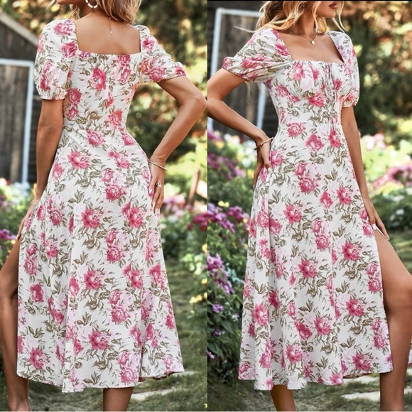 Boho Floral Print Puff Short Sleeve Midi Dress Cottagecore - Picture 2 of 4